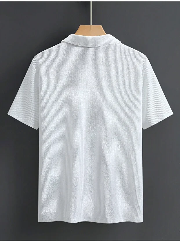 Erkek Beyaz Oversize Bisiklet Yaka Fitilli Pamuklu Polo Tişört 5
