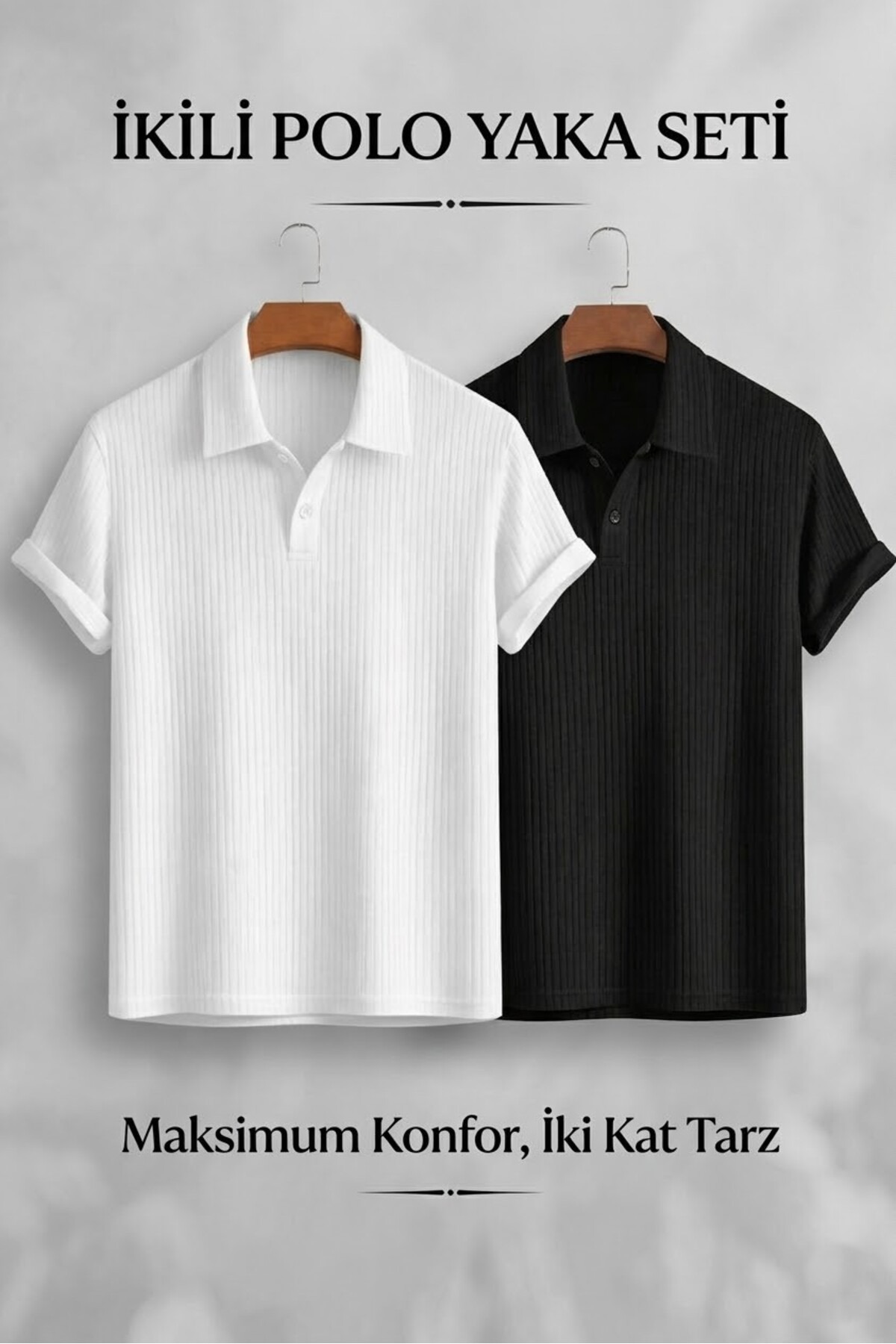 Erkek Siyah Çizgili Oversize Pamuklu Polo Yaka Tişört Seti