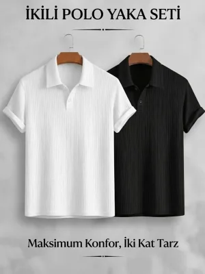 Mêr Siyah Çizgili Oversize Pamuklu Polo Yaka Tişört Seti