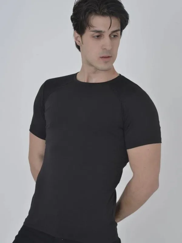 Férfi Fekete Slimfit Vállhálós Kerékpárnyakú Rövid Ujjú Póló 2