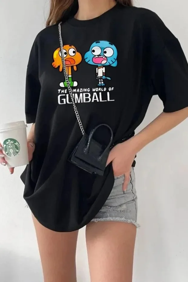 Bluzë e zezë për femra, Oversize, me jakë biçiklete, printim dhe mëngë të shkurtra 1