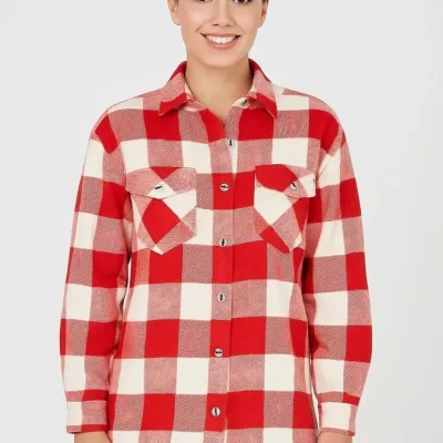 Women's Burgundy Plaid Pattern Long Sleeve Brushed Flannel Shirt 2