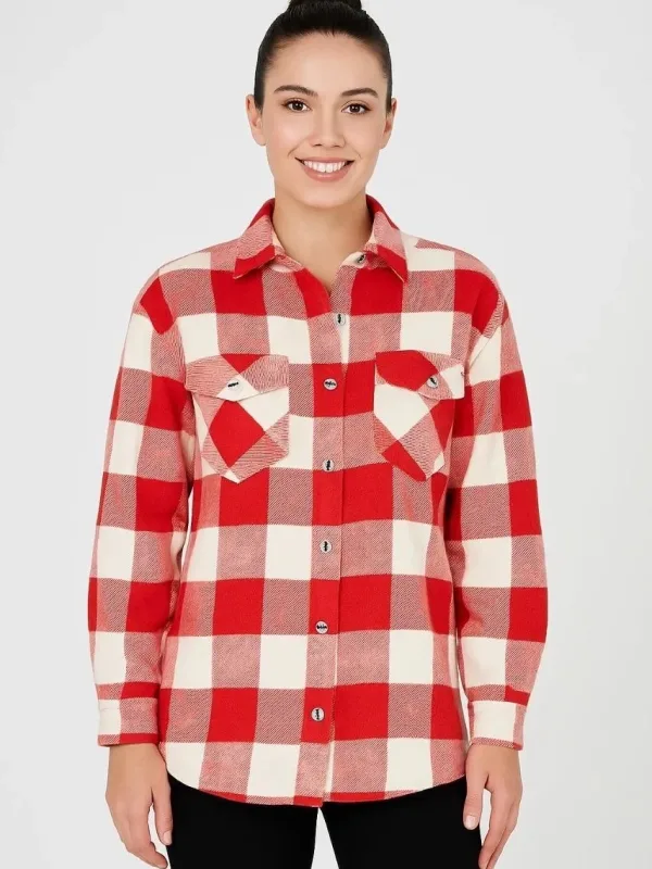 Women's Burgundy Plaid Pattern Long Sleeve Brushed Flannel Shirt 2