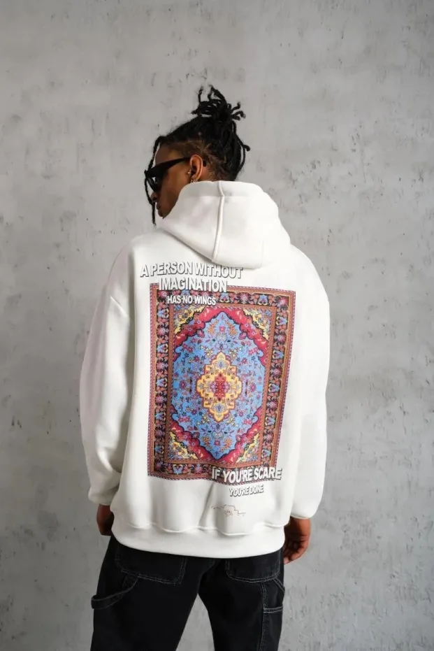 Pánské bílé oversized 3-nitní bavlněné kapucové potištěné mikiny 1