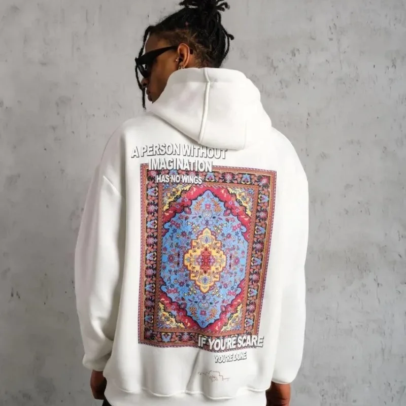 Muški bijeli oversize 3-niti pamučni s kapuljačom tiskani sweatshirt