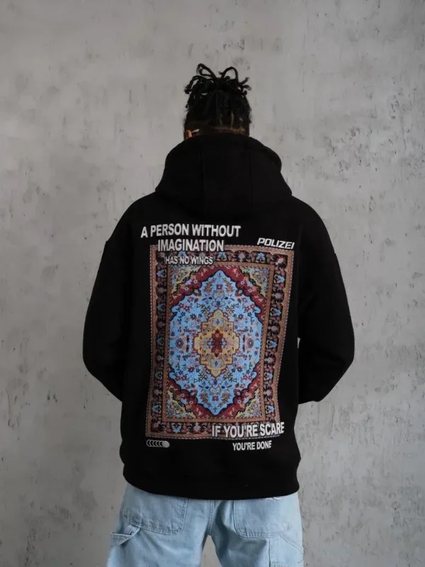 Men's Black Oversize 3-Thread Cotton Hooded Printed Sweatshirt with Pockets 2