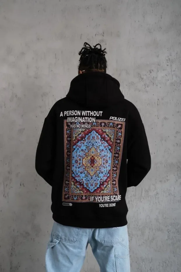 Men's Black Oversize 3-Thread Cotton Hooded Printed Sweatshirt with Pockets 2