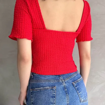 Backless Basic Waffle Blouse Red 2
