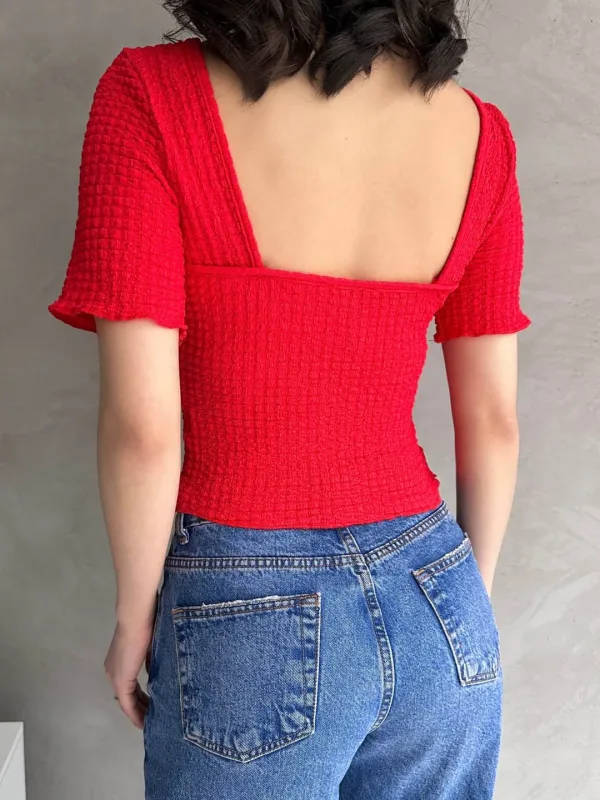 Backless Basic Waffle Blouse Red 2