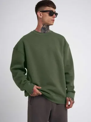 Men's Khaki Crew Neck 3-Thread Cotton Sweatshirt