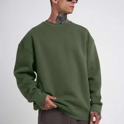 Pánský khaki cyklistický výstřih 3-nitný bavlněný sweatshirt 1