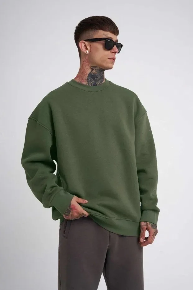 Sweatshirtê Mêran ê Haki yê Bi Stûyê Bisîkletê yê 3 Têlî yê Pembû 1