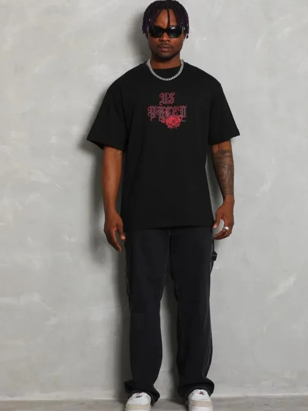 Bărbați Negru Oversize Guler Bicicletă Imprimat Mânecă Scurtă Tricou 1