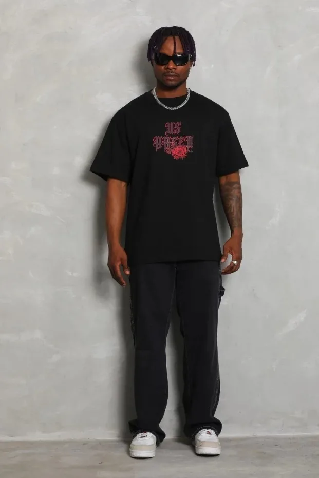Bărbați Negru Oversize Guler Bicicletă Imprimat Mânecă Scurtă Tricou 1
