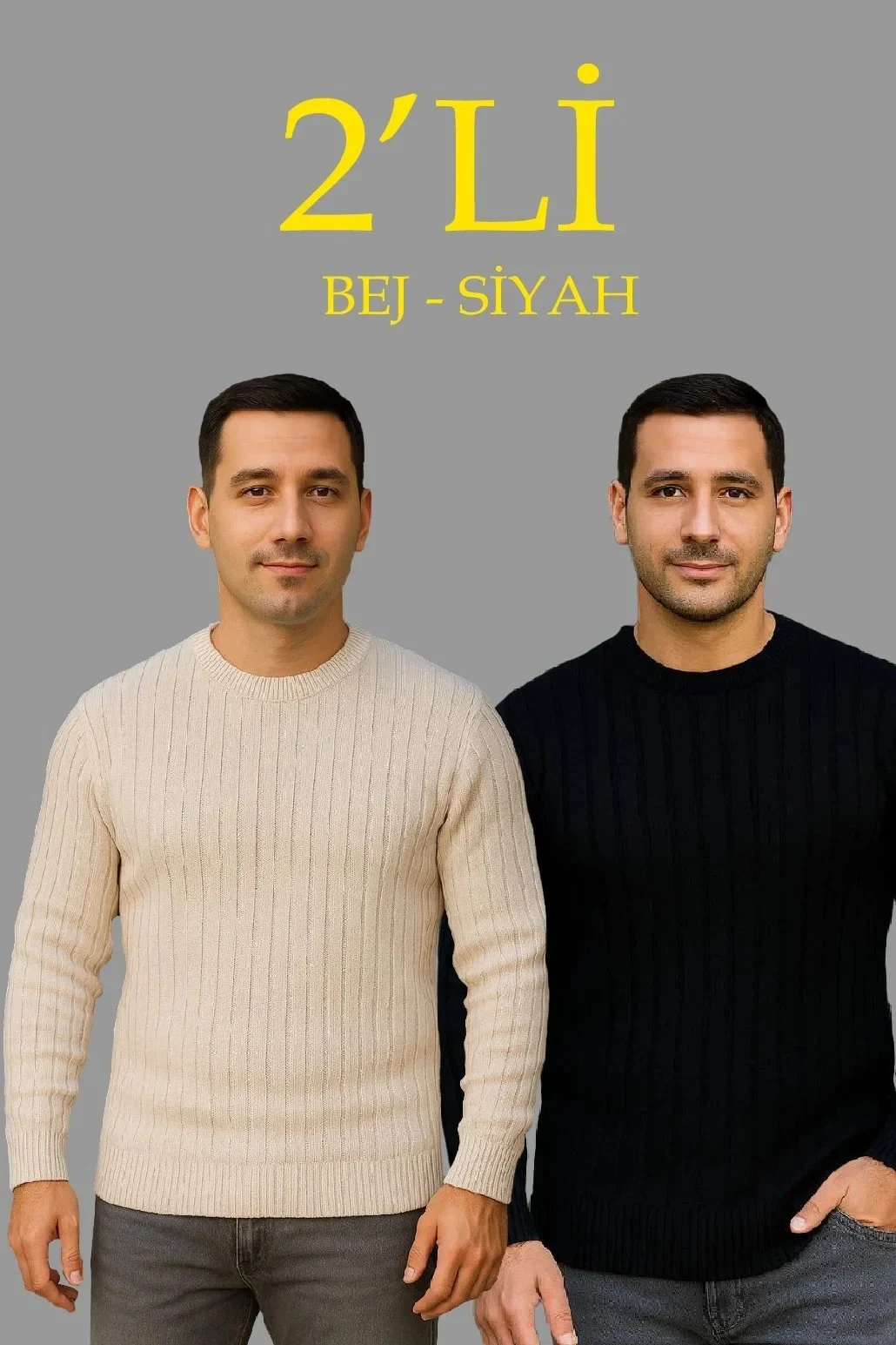 Kişi 2'li Dəst Qabırğalı Regular Velosiped Yaxalı Pambıqlı Triko Sviter