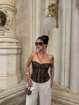 Kadın Kahverengi Transparan Dantel Korse Straplez Crop Top
