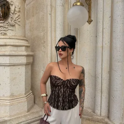 Kadın Kahverengi Transparan Dantel Korse Straplez Crop Top 1