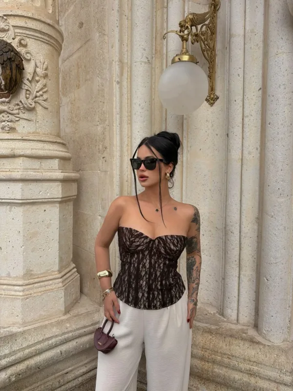 Kadın Kahverengi Transparan Dantel Korse Straplez Crop Top