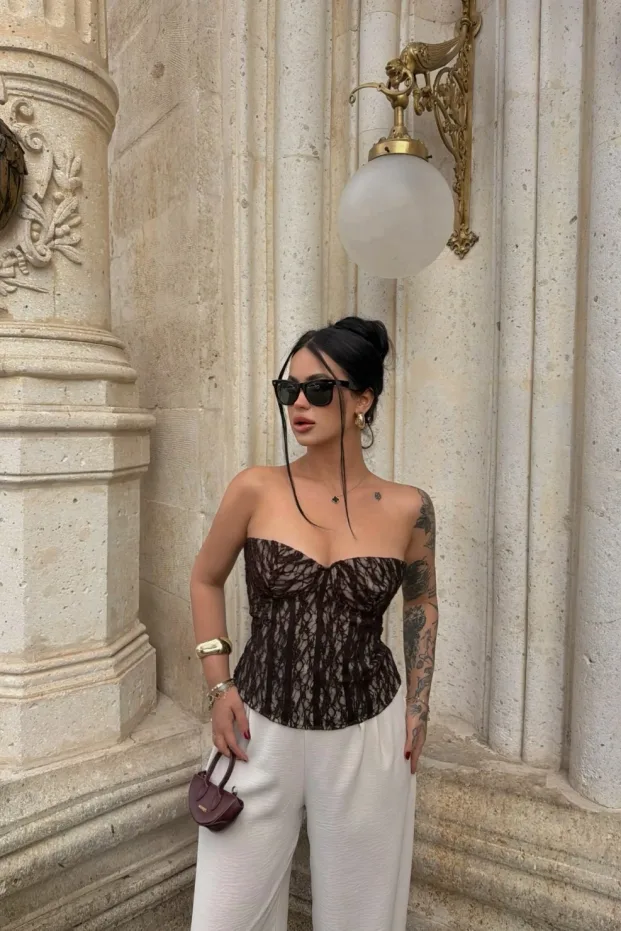 Kadın Kahverengi Transparan Dantel Korse Straplez Crop Top 1
