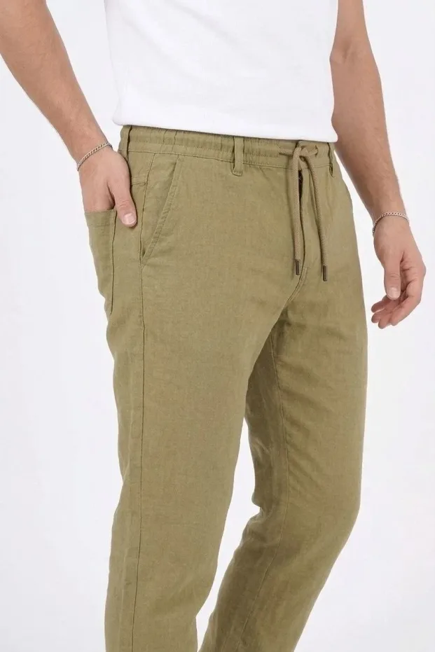 Muške menta zelene lanene pantalone sa džepovima, elastičnim strukom i patent zatvaračem 4