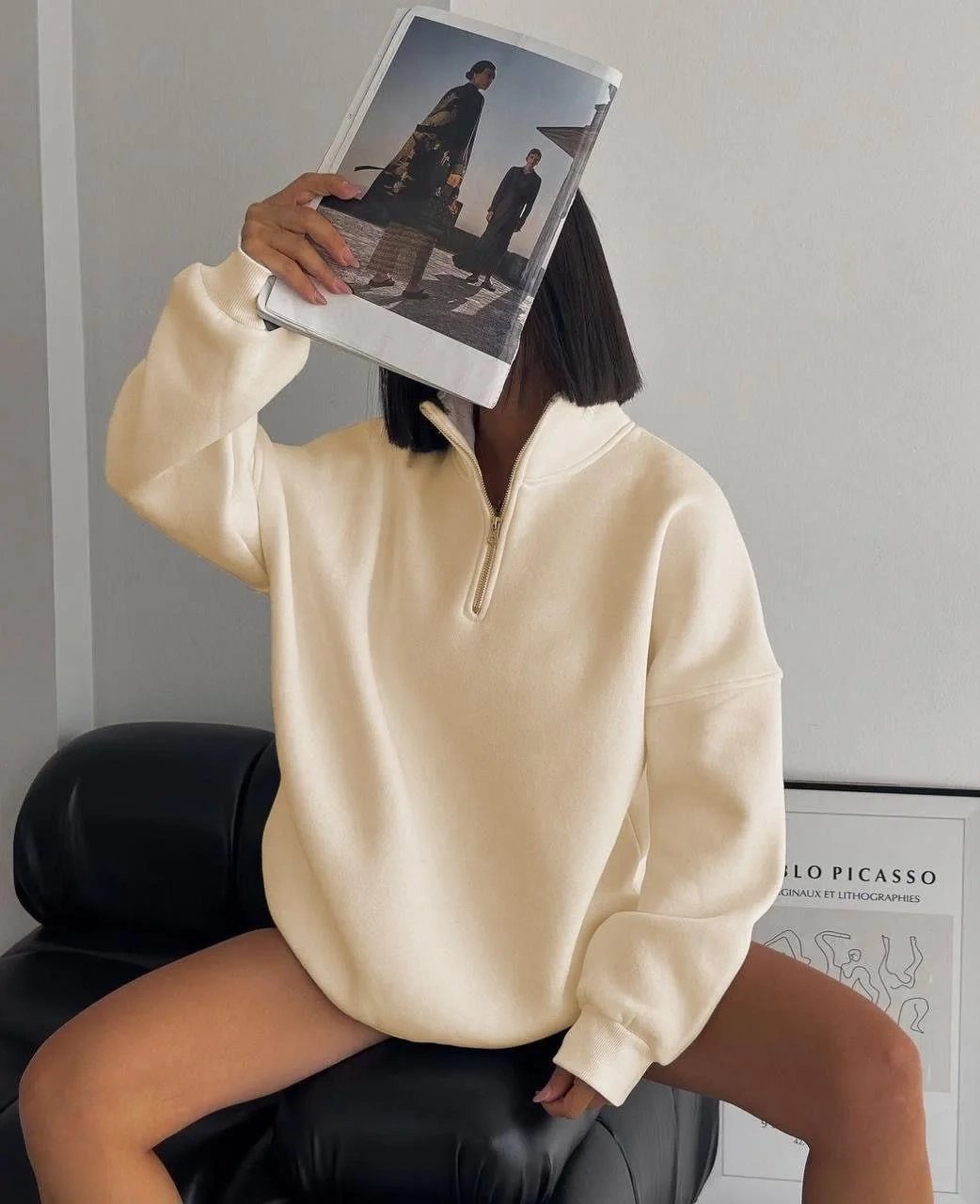 Kadın Bej Oversize 3 İplik Pamuklu Yarım Fermuarlı Sweatshirt