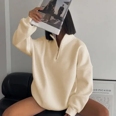 Ĵuvli Bej Oversize 3 Thread Pamukli Jekh-Fermuarli Sweatshirt 1