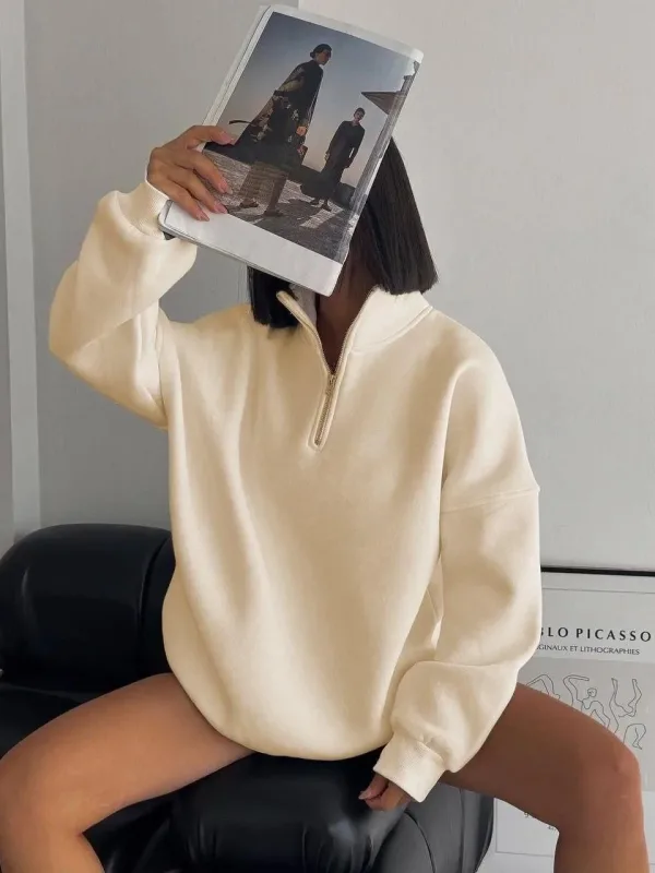 Ĵuvli Bej Oversize 3 Thread Pamukli Jekh-Fermuarli Sweatshirt 1