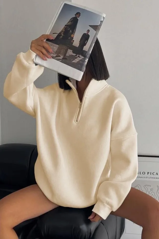 Gratë Bezhë Oversize 3 Fije Pambuku Gjysmë Zip Sweatshirt 1
