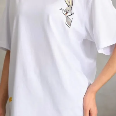 Női Fehér Oversize Kerékpár Nyakú Mintás Póló 2