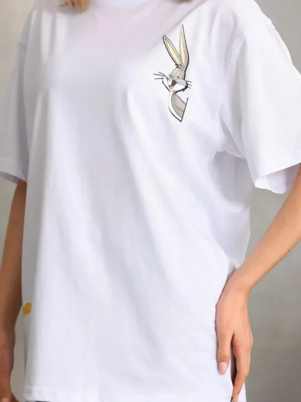 Női Fehér Oversize Kerékpár Nyakú Mintás Póló 2