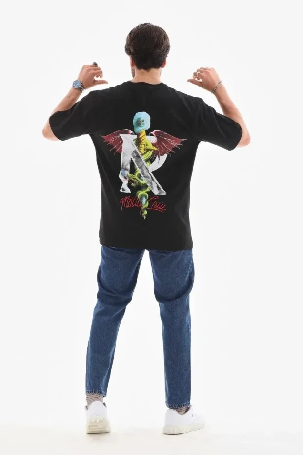 Men's Black Regular Bicycle Neck Printed T-Shirt 6