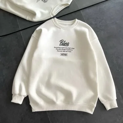 Női Fehér Oversize 3 Szálas Pamut Kerékpárnyakú Nyomott Sweatshirt 1