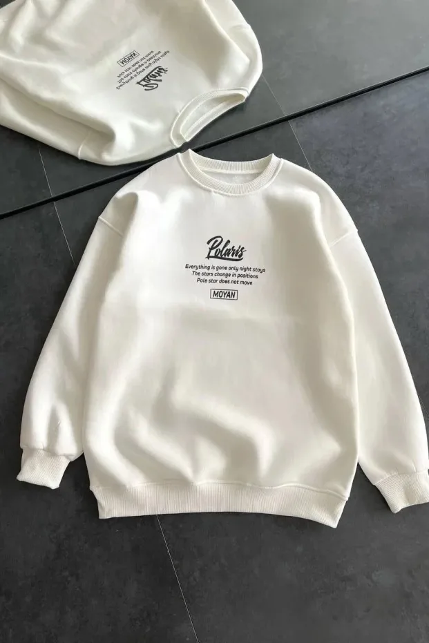 Kadın Beyaz Oversize 3 İplik Pamuklu Bisiklet Yaka Baskılı Sweatshirt 1