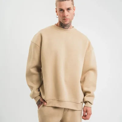 Muški bež dugi rukav bicikli kragna 3 pređe pamučni debeli sweatshirt 5