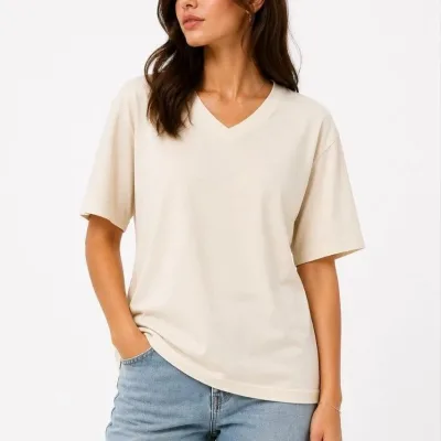 Femeie Bej Regular Decolteu V Mânecă Scurtă Tricou Basic 2