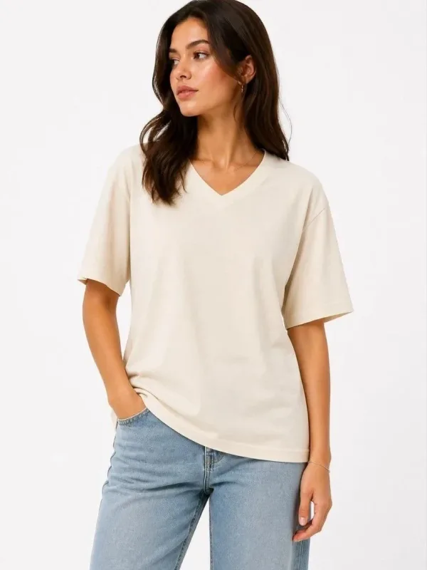 Femeie Bej Regular Decolteu V Mânecă Scurtă Tricou Basic 2