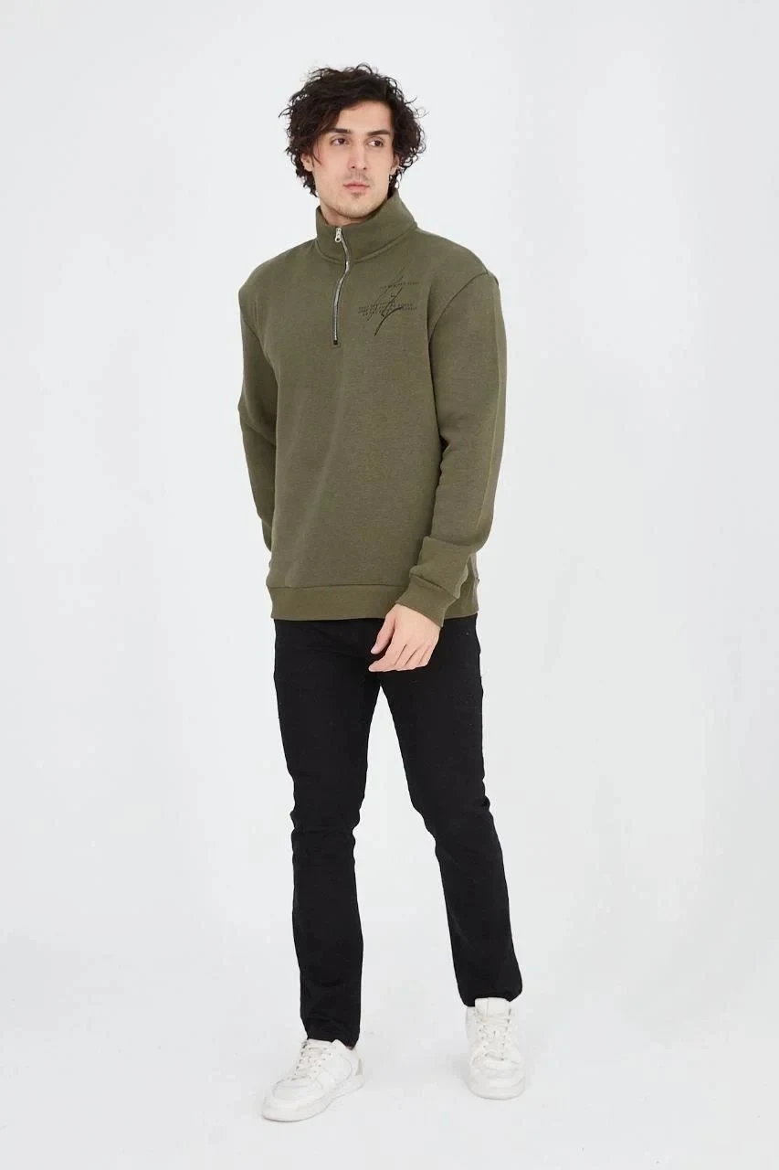 Men's Green Half Zip 3-Thread Cotton Printed Sweatshirt