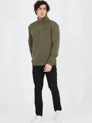 Men's Green Half Zip 3-Thread Cotton Printed Sweatshirt