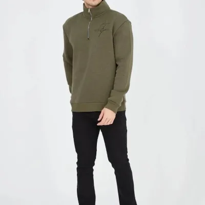 Men's Green Half Zip 3-Thread Cotton Printed Sweatshirt 1