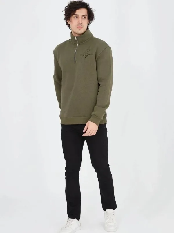 Men's Green Half Zip 3-Thread Cotton Printed Sweatshirt 1