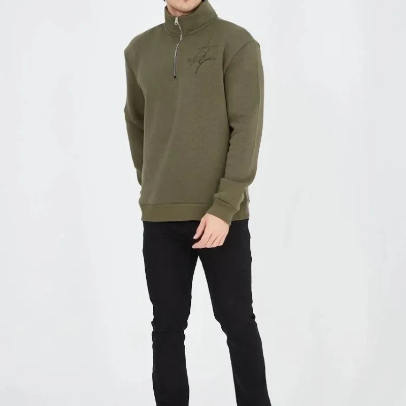 Sweatshirtê Mêran ê Kesk ê Nîv-Fermûar ê 3 Têlî Pembû yê Çapkirî