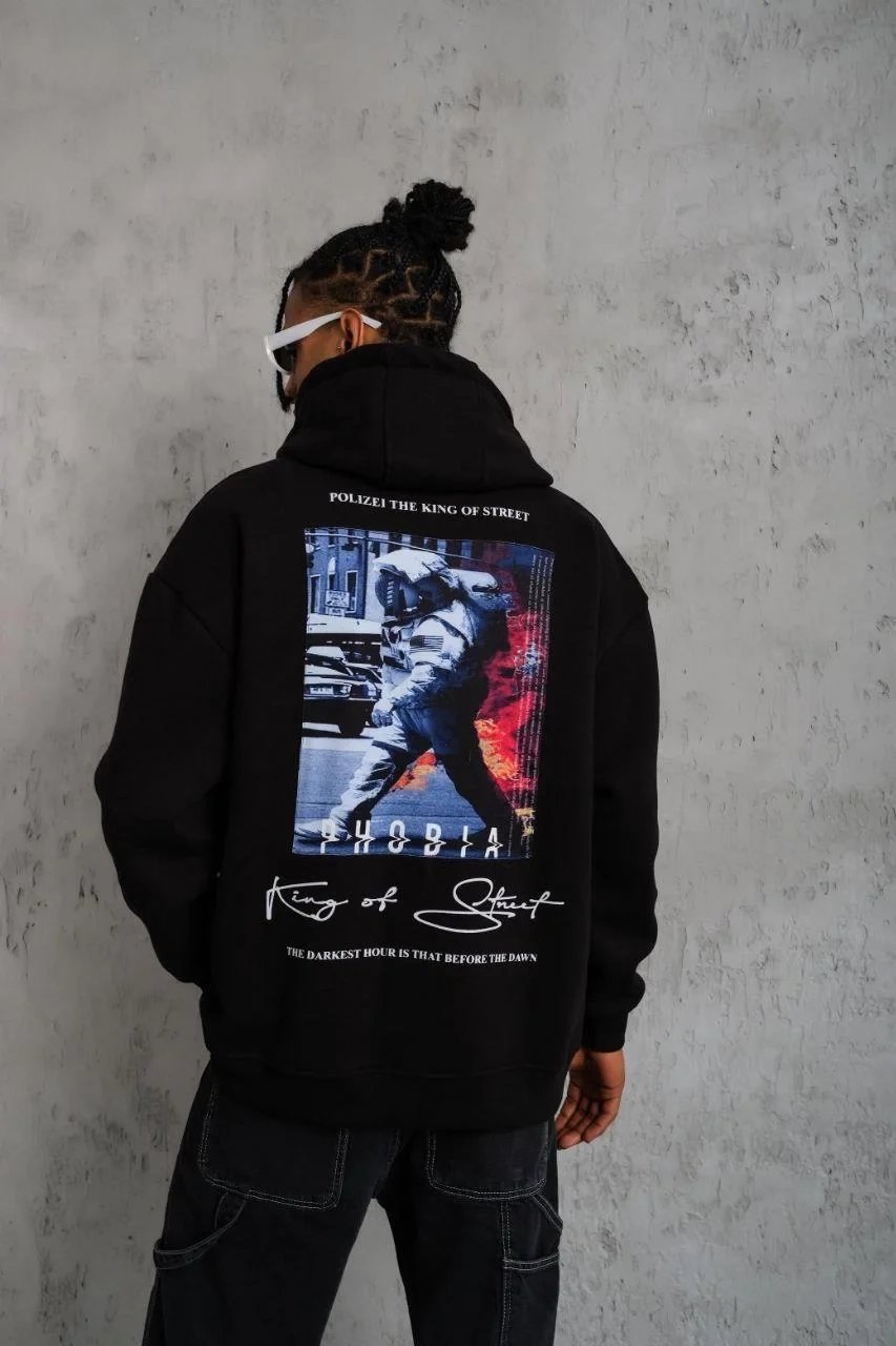 Erkek Siyah Oversize 3 İplik Pamuklu Kapüşonlu Baskılı Sweatshirt