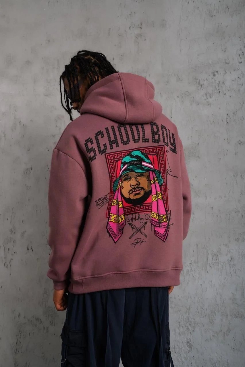 Erkek Gül Kurusu Oversize 3 İplik Pamuklu Kapüşonlu Baskılı Sweatshirt