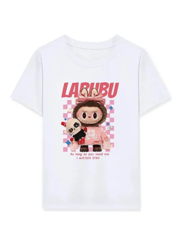 Lány Fehér Labubu Nyomott Oversize Gyerek Póló 1