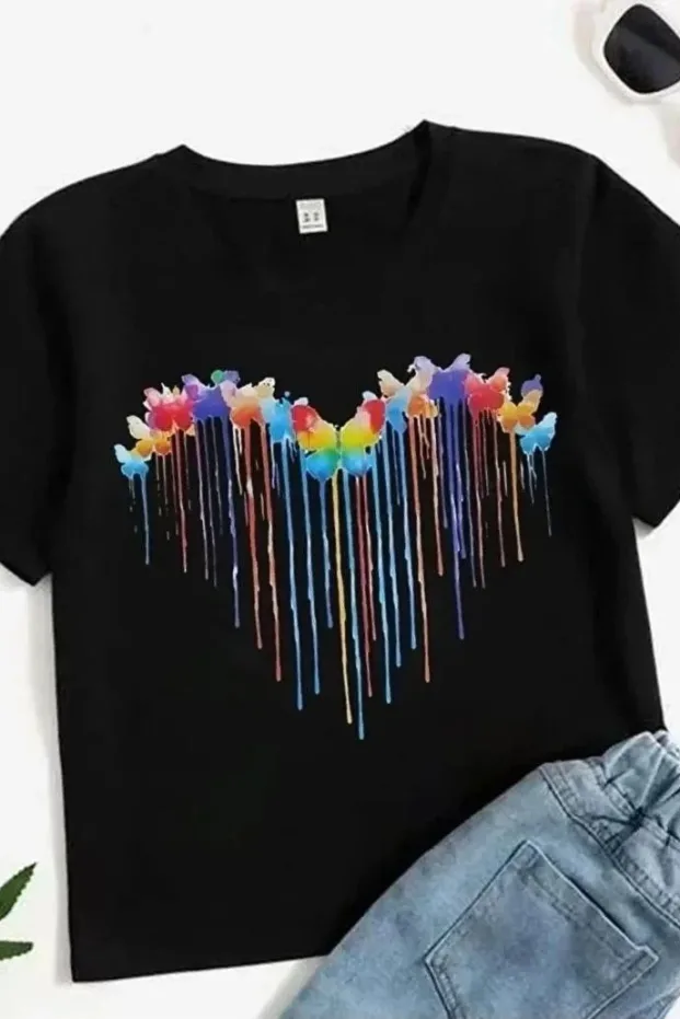 Dječja crna oversize printana biciklistički ovratnik majica 2