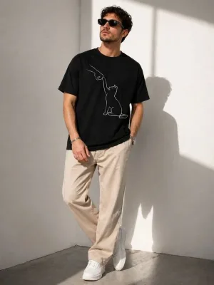 Murš Črno Minimal Mačka Crtanje Print Kratko Rokav Majica