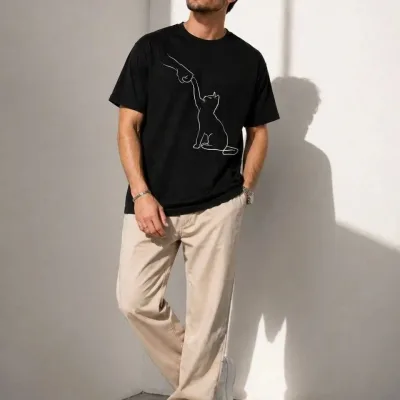Murš Črno Minimal Mačka Crtanje Print Kratko Rokav Majica 1