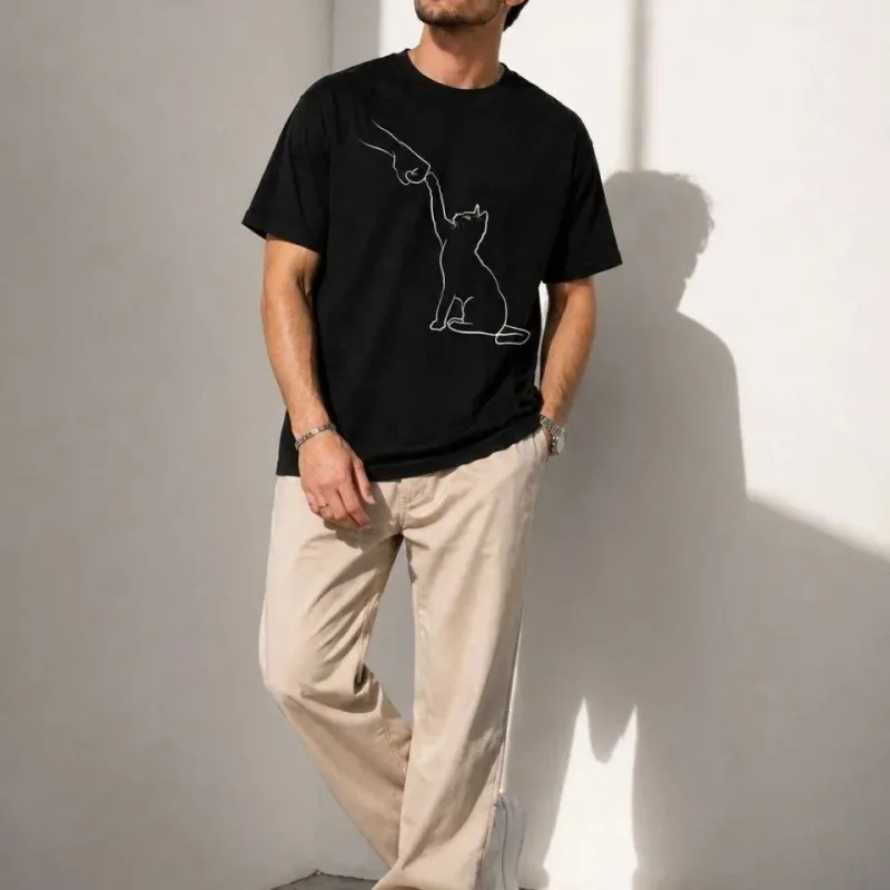 Murš Črno Minimal Mačka Crtanje Print Kratko Rokav Majica