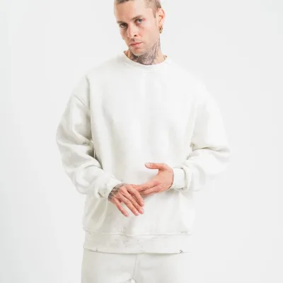 Men's White 3-Thread Cotton Washed Crew Neck Sweatshirt 7