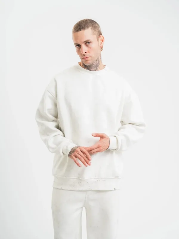Men's White 3-Thread Cotton Washed Crew Neck Sweatshirt 7